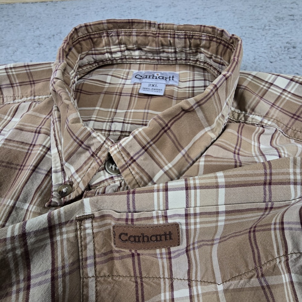 Carhartt‎ Shirt Mens 2XL Brown Plaid Short Sleeve Workwear Button Up XXL